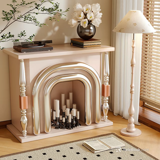 Elegant Beige Fireplace With Gold Accents Mantel Vase Record Player And Floor Lamp 3d model 