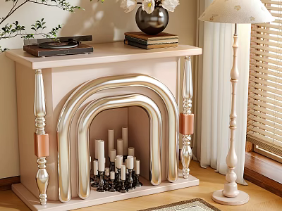 Elegant Beige Fireplace With Gold Accents Mantel Vase Record Player And Floor Lamp 3d model