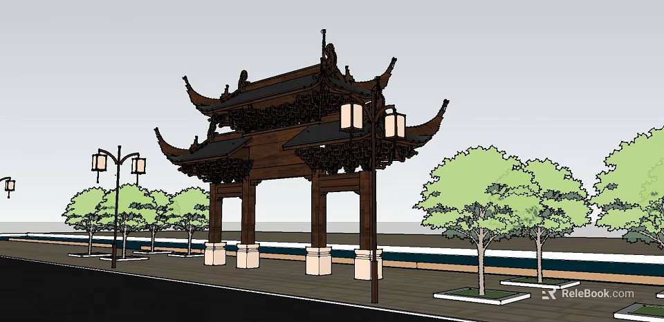 Traditional Chinese Entrance Gate with Curved Eaves Hanging Lanterns Surrounded by Trees and Street Lamps 3d model 