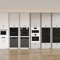 Various Styles And Colors Of Kitchen Ovens Neatly Arranged In White Cabinets With Wooden Floor