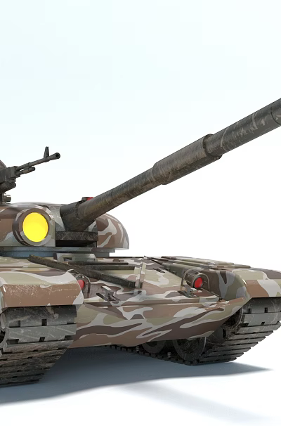 Modern Military Tank With Camouflage Paint Long Barrel Turret Tracks And Yellow Light 3d model