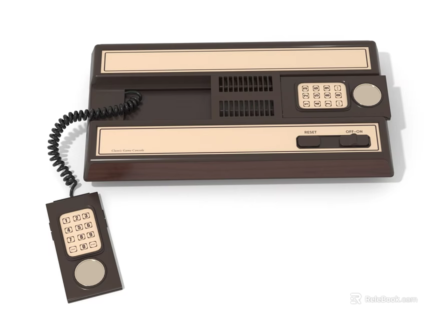 Retro Entertainment Electronic Console With Corded Handheld Keypad And Dark Brown Finish 3d model 