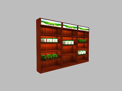 Wooden Display Shelf with Multiple Layers Holding Green and White Retail Boxes 3d model