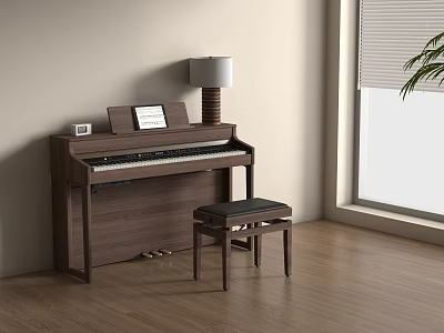 Brown Wooden Piano with Music Sheet and Art Supplies in Room with Wooden Floor 3d model