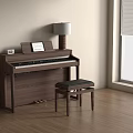Brown Wooden Piano with Music Sheet and Art Supplies in Room with Wooden Floor