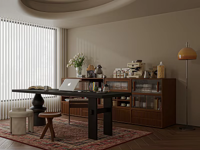 Cozy Modern Study Room Interior With Wooden Bookshelf Desk Laptop Floor Lamp And Window Blinds 3d model