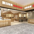 Modern Wooden Restaurant Interior Featuring Order Counter Seating Red Decorations And Gray Floor
