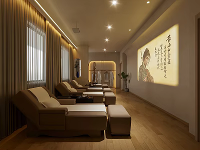 Serene SPA Sauna Interior With Comfortable Lounge Chairs And Traditional Painting Artwork 3d model