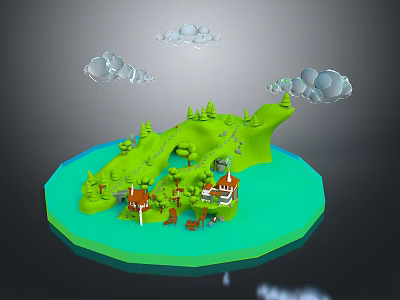 Cartoon Scene Featuring Green Island Blue Water Trees Houses And Fluffy Clouds 3d model
