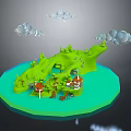 Cartoon Scene Featuring Green Island Blue Water Trees Houses And Fluffy Clouds