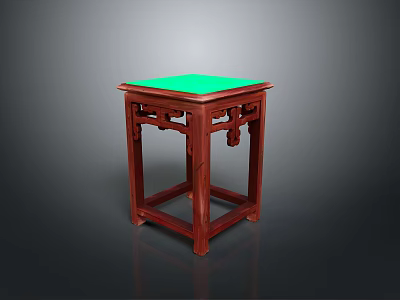 Traditional Carved Wooden Stool with Green Square Top and Decorative Legs 3d model