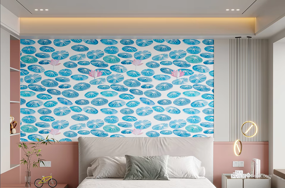 Blue And White Leaf Pattern Bed Background Wall Design With Bedroom Decor 3d model 