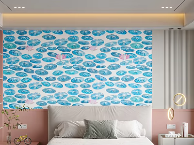 Blue And White Leaf Pattern Bed Background Wall Design With Bedroom Decor 3d model