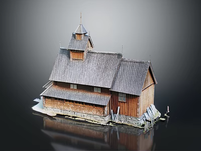 Traditional Wooden House With Gray Roof Tower Structure And Water Reflection 3d model