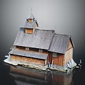 Traditional Wooden House With Gray Roof Tower Structure And Water Reflection