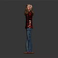 Woman front back wearing red black plaid shirt blue jeans brown shoes hands spread out