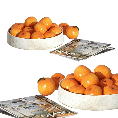 Fresh Ripe Oranges in Multiple White Bowls with Magazines Nearby 3d model