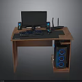 Wooden Computer Desk Setup With Monitor Keyboard Speakers Mouse And Router