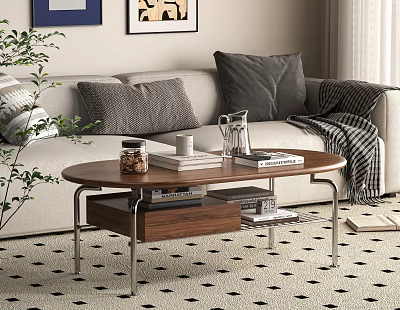 Oval Wooden Top Coffee Table With Metal Legs Lower Shelf Storage In Modern Living Room 3d model