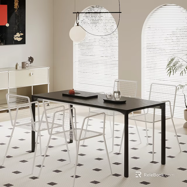 Modern Black Dining Table Set With White Mesh Chairs And Window Blinds 3d model