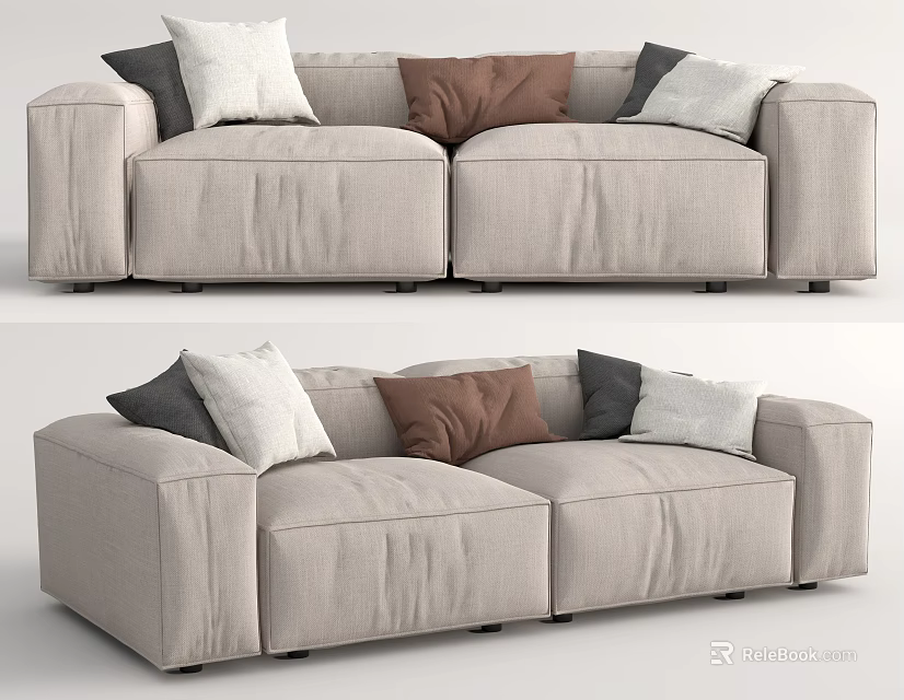 Modern Interior Light Gray Fabric Two Seater Sofa With White Brown Gray Cushions 3d model 