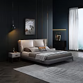 Modern Bedroom Interior With Beige Headboard Dark Walls Rug Nightstands And Horse Painting