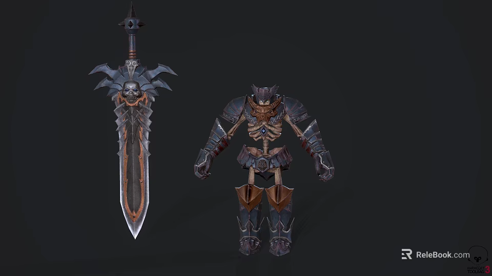 Fierce Skeleton Warrior Character in Game With Spiked Armor and Giant Skull Decorated Sword 3d model 
