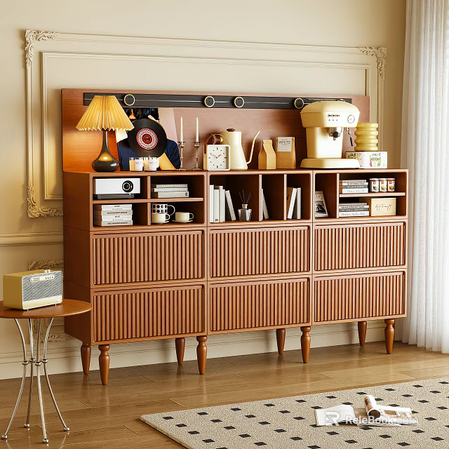 Wooden Storage Cabinet with Multiple Drawers Compartments Decorative Items Table Lamp Teapot Books on Top 3d model 