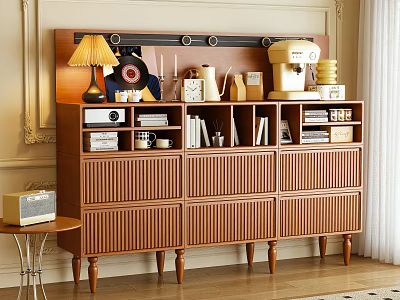 Wooden Storage Cabinet with Multiple Drawers Compartments Decorative Items Table Lamp Teapot Books on Top 3d model
