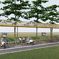 Yellow Bicycle Shelter With Parked Bicycles Trees And Green Path Area