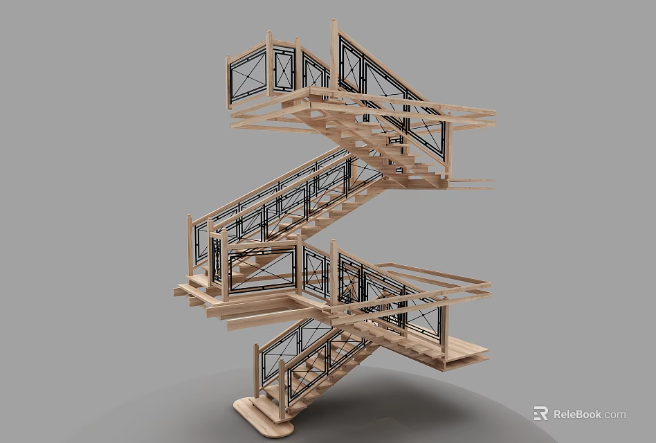 Modern Wooden Staircase With Black Railings And Zigzag Multi Level Design 3d model 