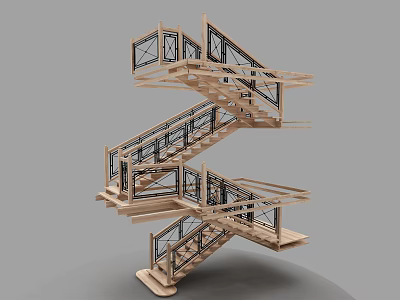 Modern Wooden Staircase With Black Railings And Zigzag Multi Level Design 3d model
