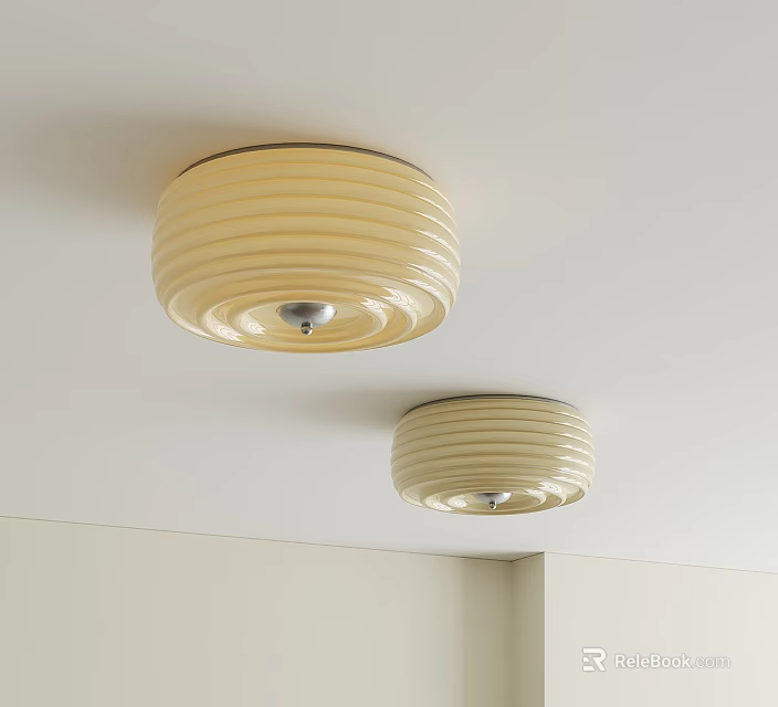 Two Modern Striped Cream Colored Ceiling Lights Installed On White Ceiling 3d model