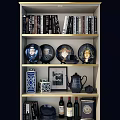 Display Shelves and Glass Door Cabinet Holding Books Decorative Vases Photo Frames and Wine Bottles