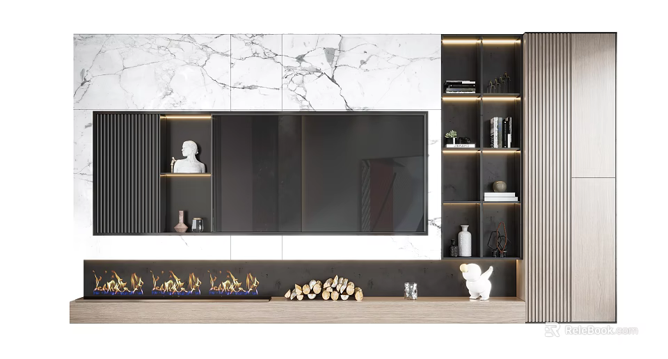 Modern TV Wall Design With Marble Backdrop Floating Shelves And Decorative Elements 3d model