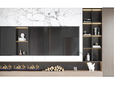 Modern TV Wall Design With Marble Backdrop Floating Shelves And Decorative Elements 3d model