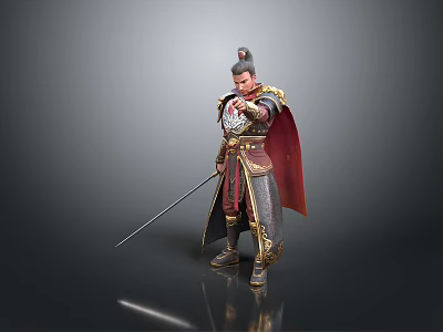 Man in Ancient Golden Decorated Armor With Red Cape Holding Long Sword and Topknot 3d model