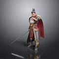 Man in Ancient Golden Decorated Armor With Red Cape Holding Long Sword and Topknot