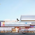 Modern Commercial Complex Exterior With Glass Facade Brand Logos And Pedestrian Area