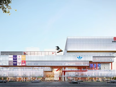 Modern Commercial Complex Exterior With Glass Facade Brand Logos And Pedestrian Area 3d model