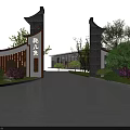 Traditional Entrance Gate With Chinese Architectural Design And Lush Greenery Along Driveway