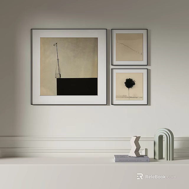 Three Abstract Paintings on Wall One Larger Left Two Smaller Right with Decorations Books Below 3d model 