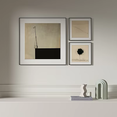 Three Abstract Paintings on Wall One Larger Left Two Smaller Right with Decorations Books Below 3d model
