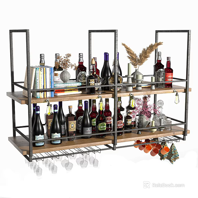 Stylish Wine Cabinet With Metal Frame Wooden Shelves Wine Bottles Decorative Items And Hanging Glasses 3d model 