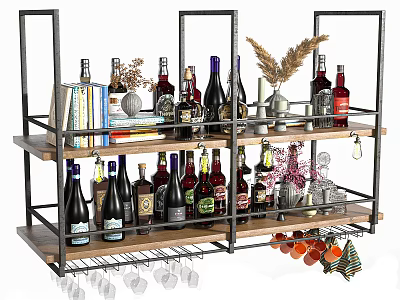 Stylish Wine Cabinet With Metal Frame Wooden Shelves Wine Bottles Decorative Items And Hanging Glasses 3d model