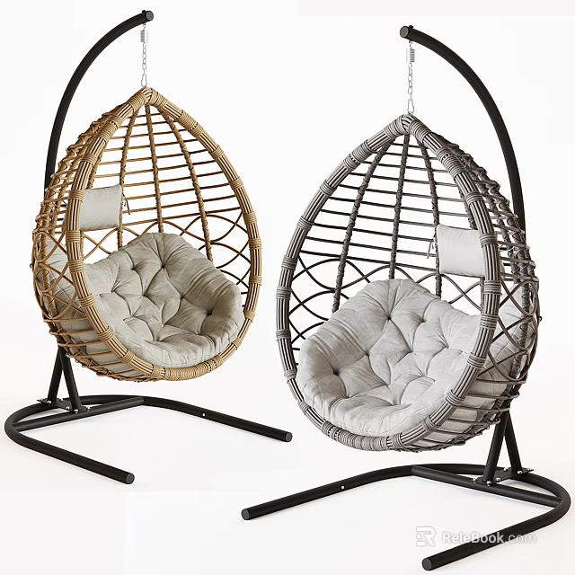 Rattan Teardrop Hanging Chairs With Beige And Gray Tufted Padded Cushions On Black Metal Stands 3d model 