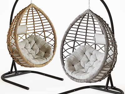 Rattan Teardrop Hanging Chairs With Beige And Gray Tufted Padded Cushions On Black Metal Stands 3d model