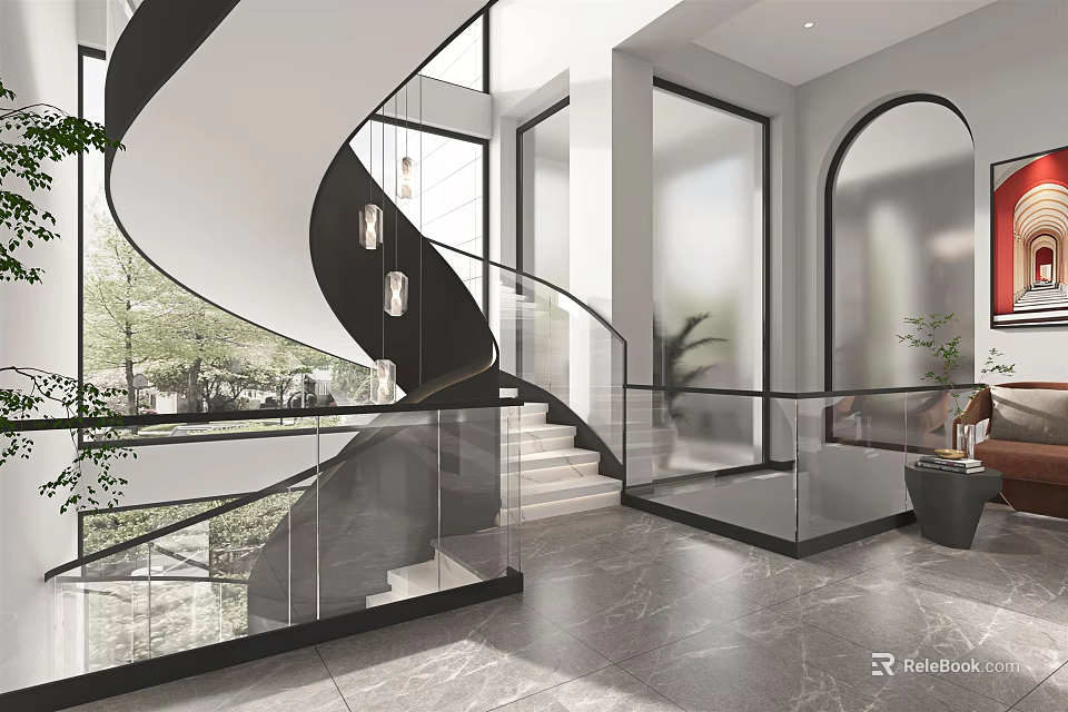 Modern Interior Design Featuring Spiral Staircase Glass Railing And Large Windows 3d model