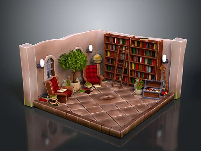 Cozy Indoor Reading Nook Interior With Bookshelves Red Armchairs Green Plant Rug And Lantern 3d model