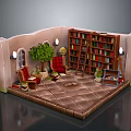 Cozy Indoor Reading Nook Interior With Bookshelves Red Armchairs Green Plant Rug And Lantern